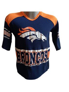 Vtg 90's Denver Broncos Jersey V-Neck Fan T-Shirt By Team Glasgow AOP Colorblock